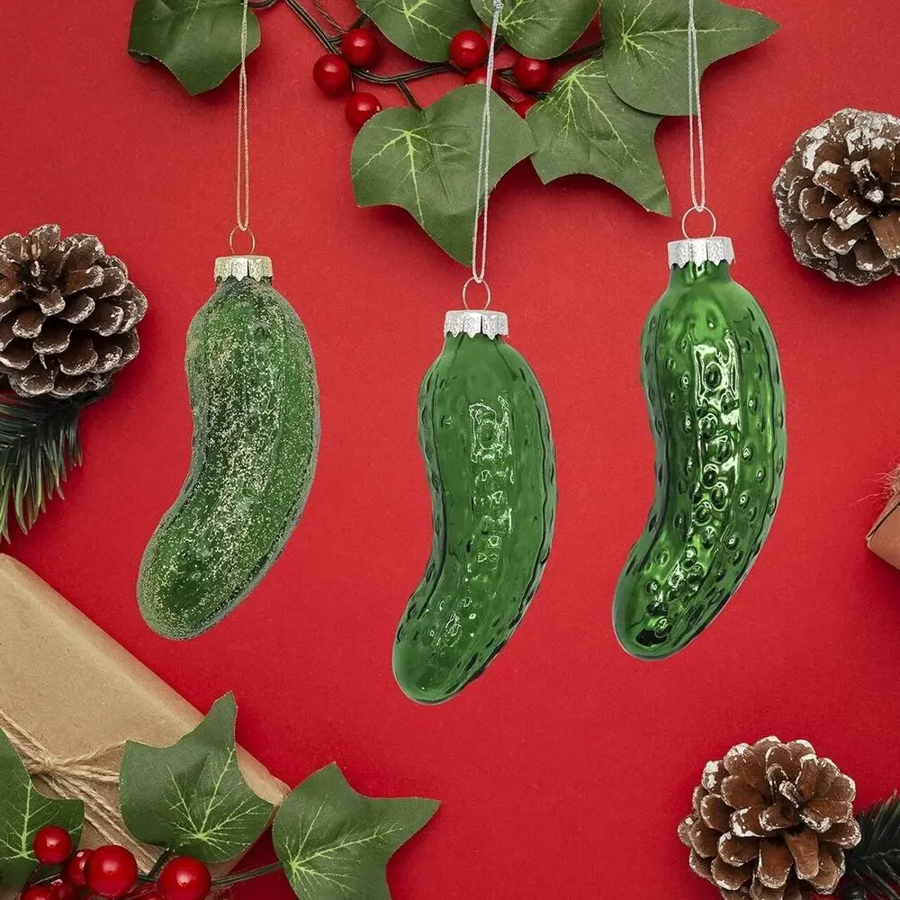 New Set of 3 Green Dill Pickle Christmas Ornaments 4E’s Novelty 4.5” Blown Glass